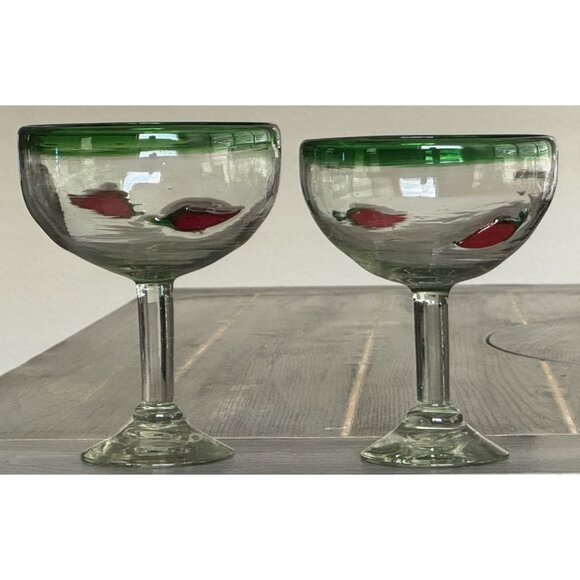 Mexican Hand-Blown Margarita Glasses With Red Pepper Design Set Of 2 - Picture 1 of 7